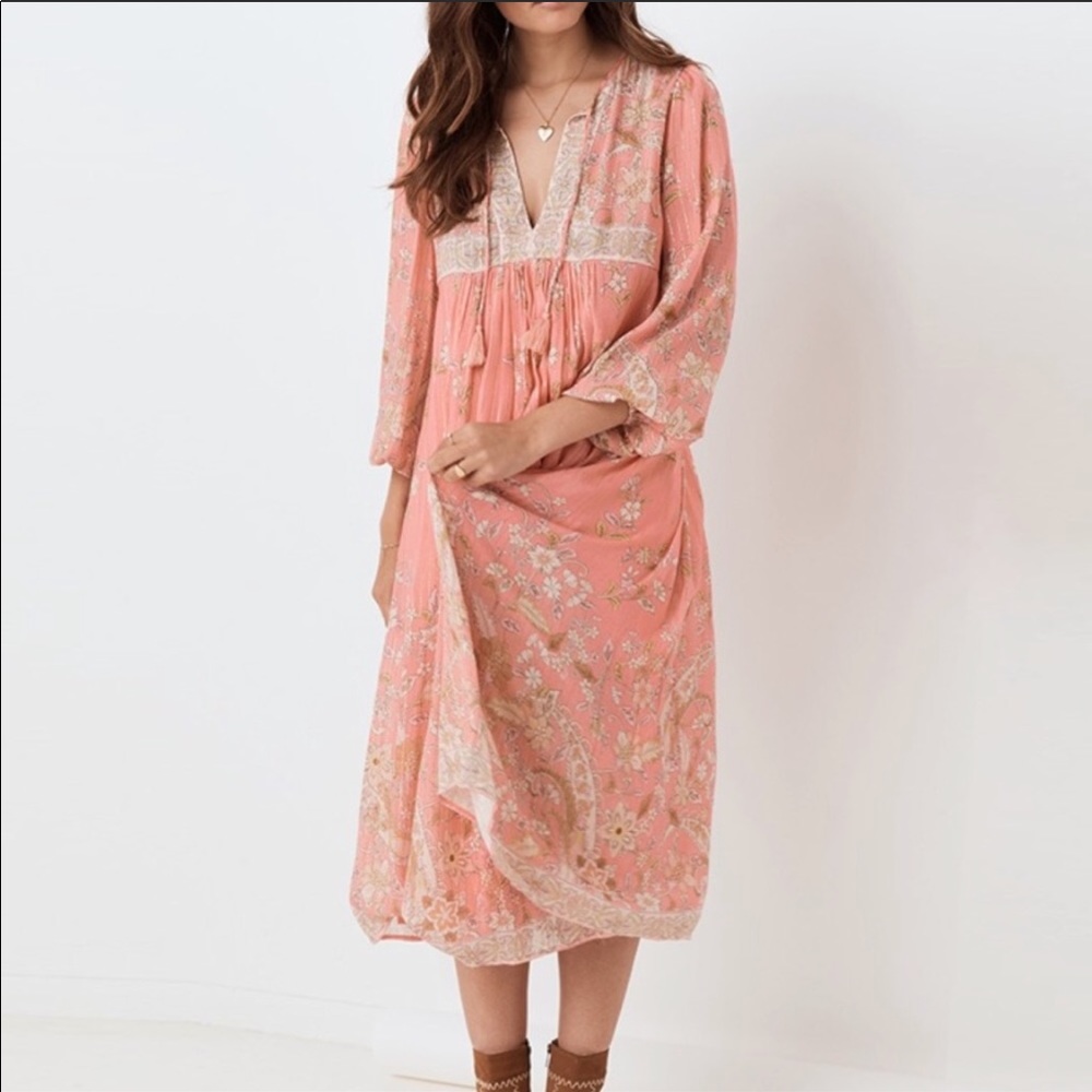 Boho Gypsy Hendrix Floral Pink Peasant Dress Gown hippie free spirit bohemian L